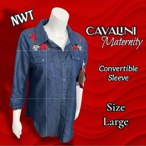 Cavalini Maternity NWT Denim Button Down Top Floral Size Large Conv Sleeve
